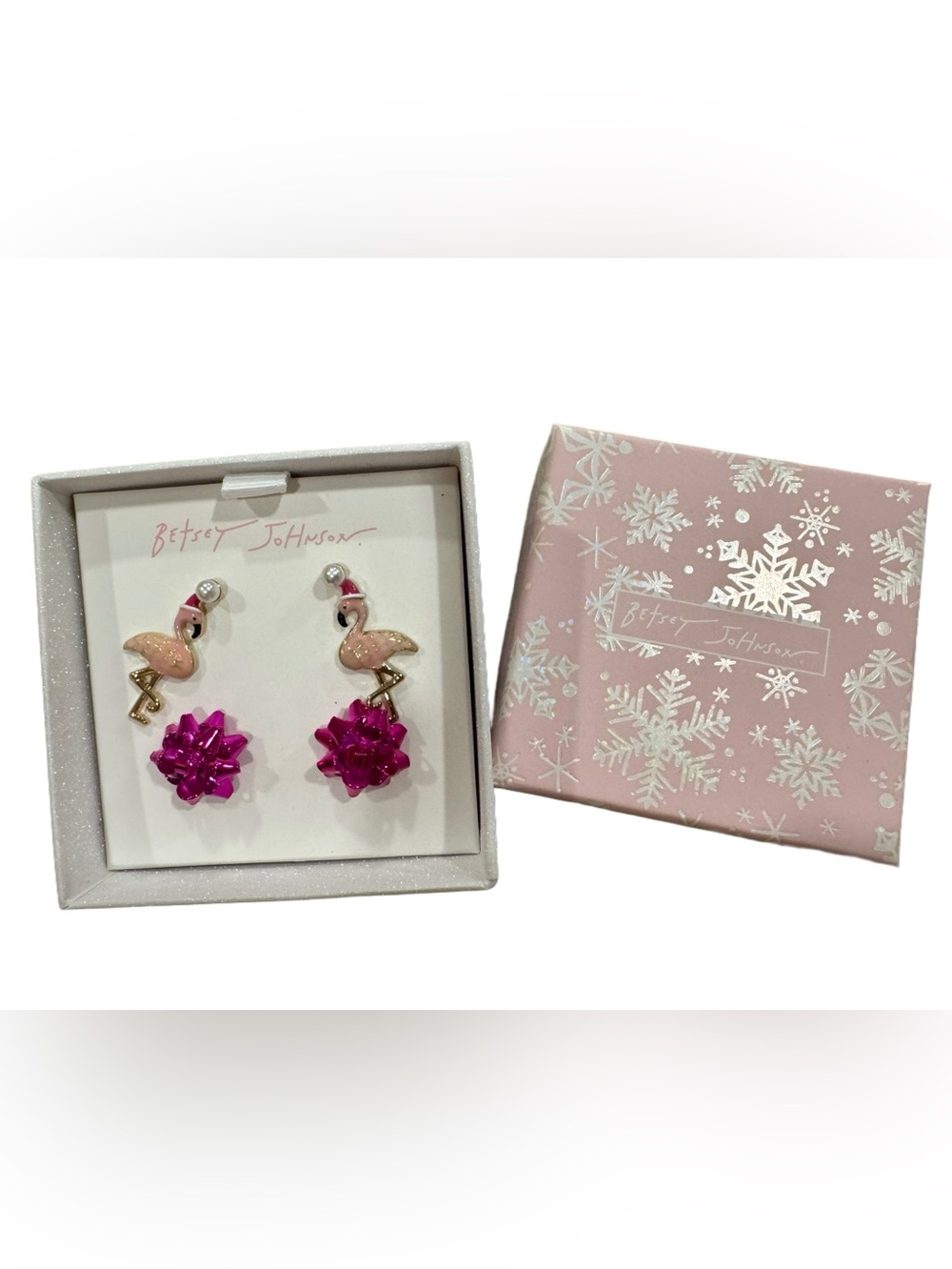 Betsey Johnson Pink Flamingo Santa & Fuchsia Bows Earrings NIB